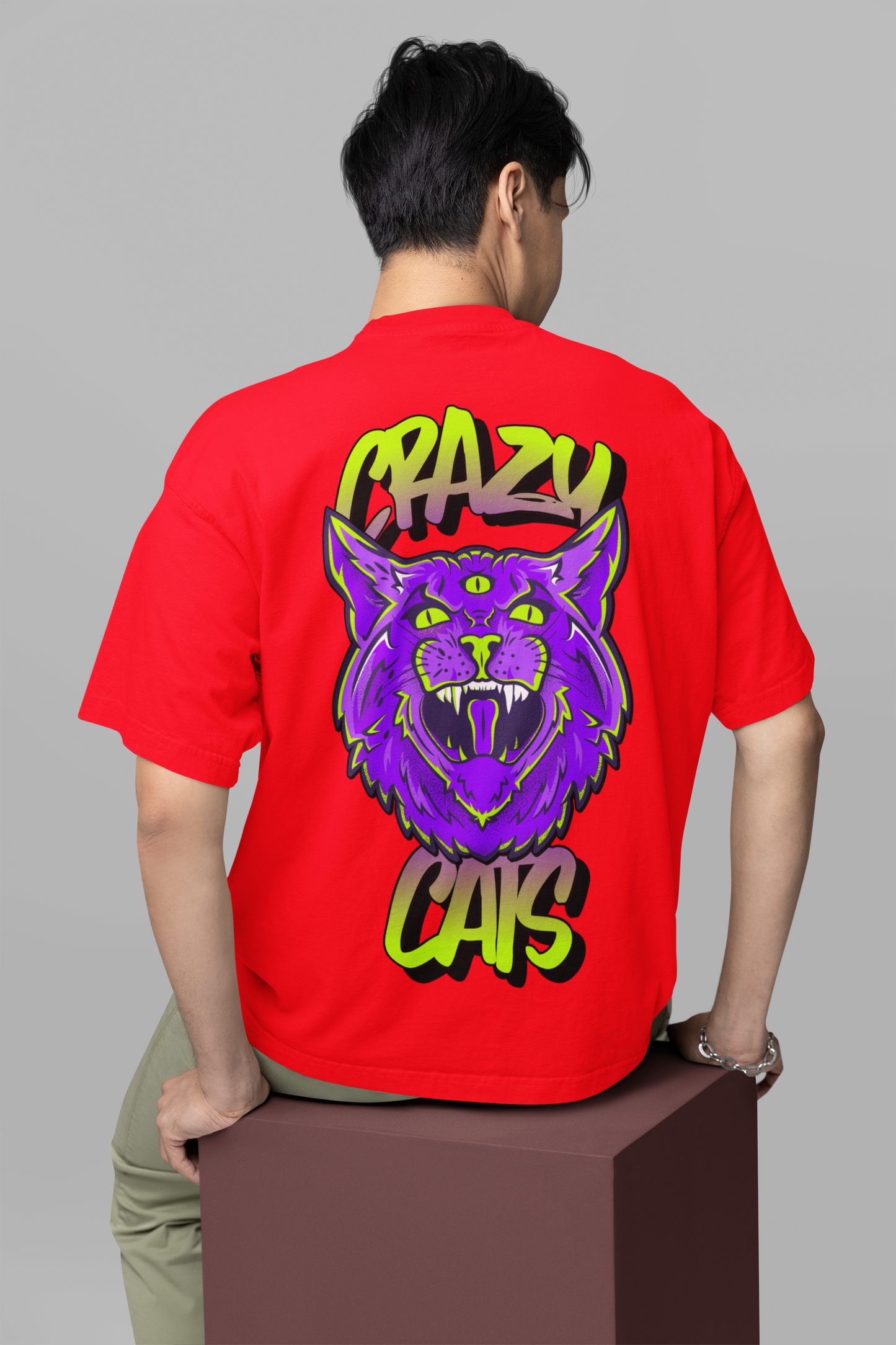 Red Crazy Cats Oversized T-Shirt